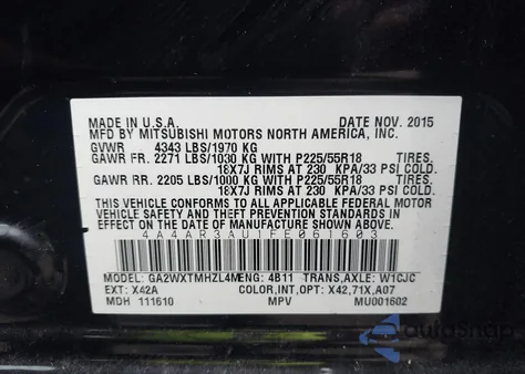 2015 Mitsubishi Outlander Sport Es из США, поврежденный, VIN 4A4AR3AU1FE061603